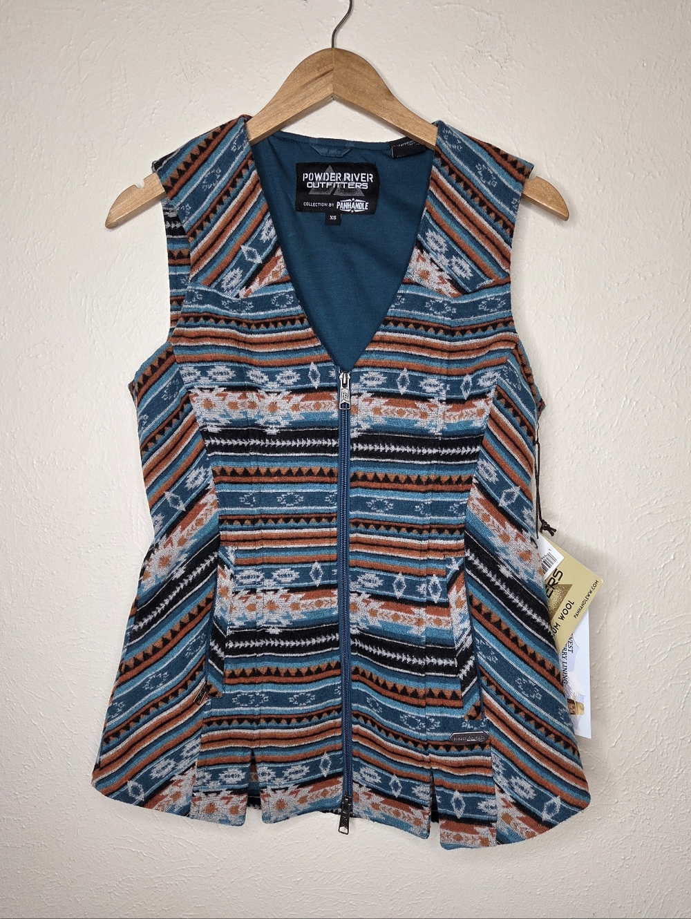 Powder River Outfitters Wool Aztec Vest NWT Southwestern Zip Front Heavyweight